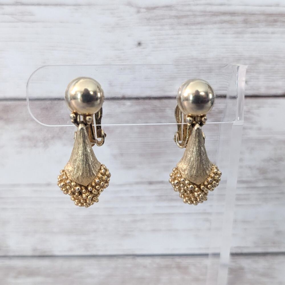 Vintage Clip On Earrings 1.25" Chunky Gold Tone Dangle Large Unusual